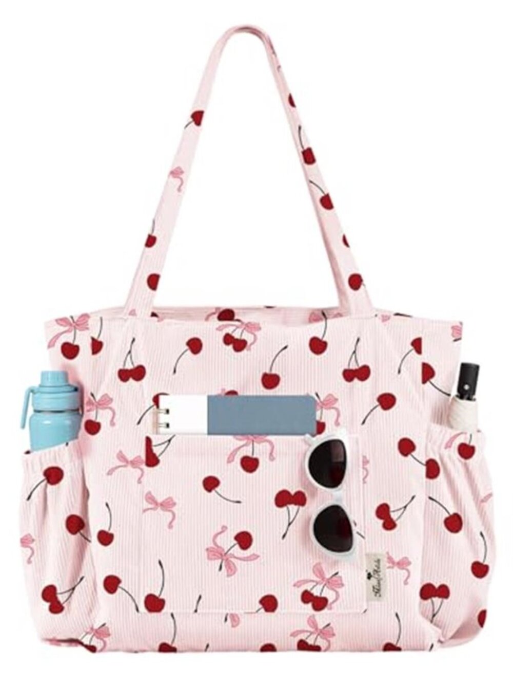 Miss Adola Cherry Print Corduroy Tote Bag Pink Multi-Pocket Zipper Shoulder Bag